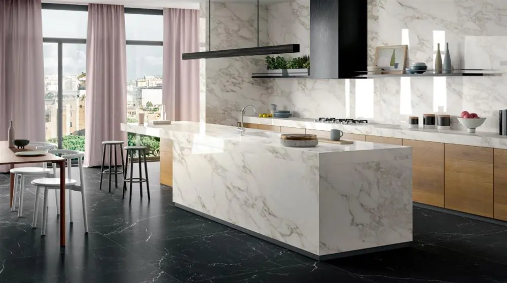 Eternal Marble porcelain island in a kitchen